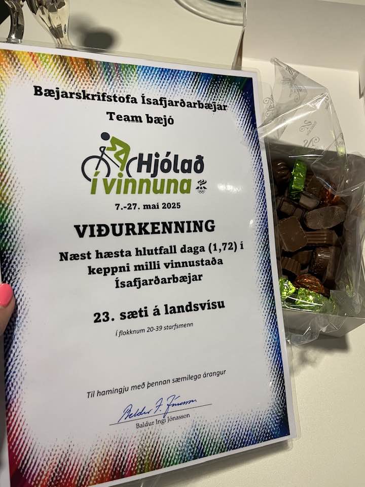 Viðurkenningarspjald fyrir þátttöku í Hjólað í vinnuna.