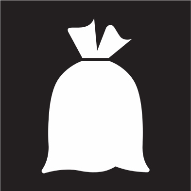 Flokkunarmerki fyrir blandaðan úrgang. Einföld, hvít mynd af ruslapoka á svörtum bakgrunni.